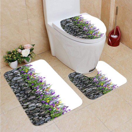 GOHAO Flower Stone Fence 3 Piece Bathroom Rugs Set Bath Rug Contour Mat and Toilet Lid Cover