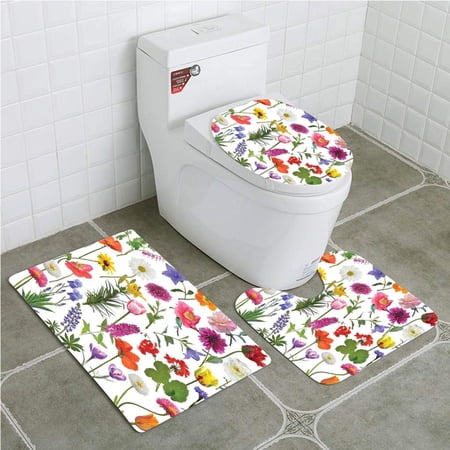 GOHAO Flower Types Flowers Colored Roses Tulips Daisies Hydrangeas Lilacs 3 Piece Bathroom Rugs Set Bath Rug Contour Mat and Toilet Lid Cover