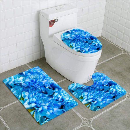 GOHAO Flowers Bouquet Bright Blue Chrysanthemums 3 Piece Bathroom Rugs Set Bath Rug Contour Mat and Toilet Lid Cover