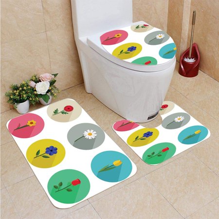 GOHAO Flowers Flat Icons 3 Piece Bathroom Rugs Set Bath Rug Contour Mat and Toilet Lid Cover
