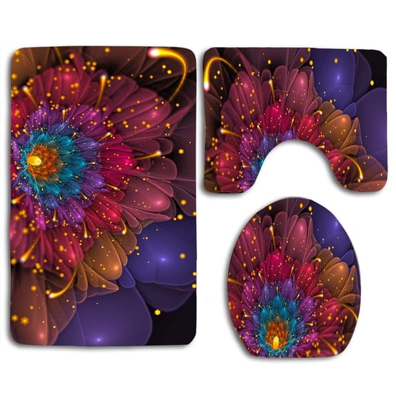 GOHAO Flowers Glitter 3 Piece Bathroom Rugs Set Bath Rug Contour Mat and Toilet Lid Cover