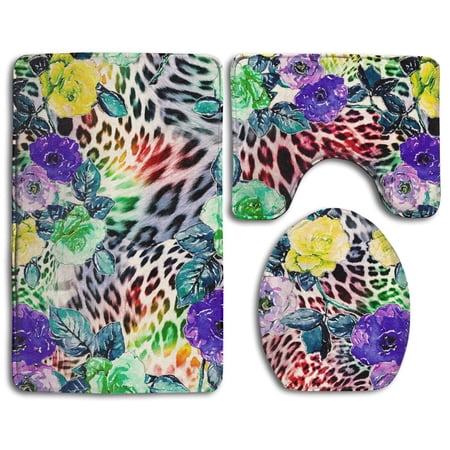 GOHAO Flowers Leopard 3 Piece Bathroom Rugs Set Bath Rug Contour Mat and Toilet Lid Cover