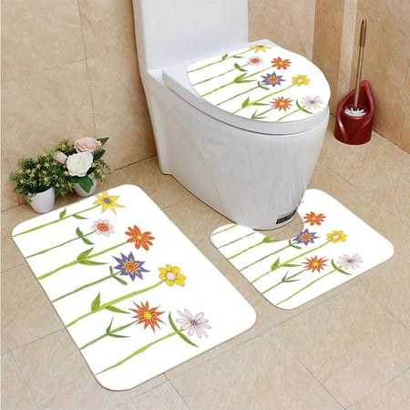 GOHAO Flowers Long Stems Leaves 3 Piece Bathroom Rugs Set Bath Rug Contour Mat and Toilet Lid Cover