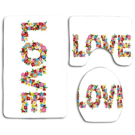 GOHAO Flowers Love 3 Piece Bathroom Rugs Set Bath Rug Contour Mat and Toilet Lid Cover