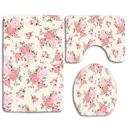 GOHAO Flowers Pink Roses 3 Piece Bathroom Rugs Set Bath Rug Contour Mat and Toilet Lid Cover