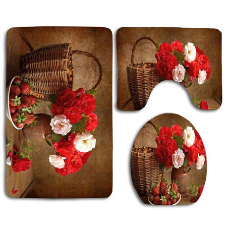 GOHAO Flowers Strawberries 3 Piece Bathroom Rugs Set Bath Rug Contour Mat and Toilet Lid Cover