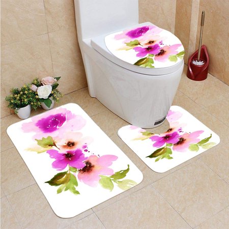 GOHAO Flowers Watercolor 3 Piece Bathroom Rugs Set Bath Rug Contour Mat and Toilet Lid Cover