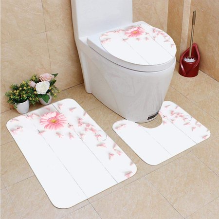 GOHAO Flowers Wooden Flat Lay 3 Piece Bathroom Rugs Set Bath Rug Contour Mat and Toilet Lid Cover