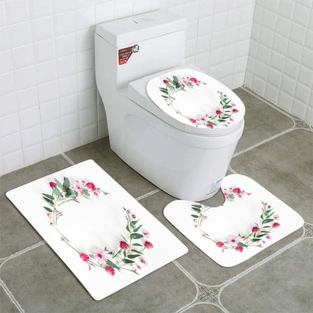GOHAO Flowers Wreath on White Flat Lay top View 3 Piece Bathroom Rugs Set Bath Rug Contour Mat and Toilet Lid Cover