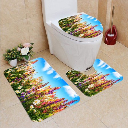 GOHAO Flowers a Meadow Sky 3 Piece Bathroom Rugs Set Bath Rug Contour Mat and Toilet Lid Cover