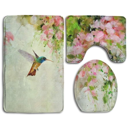 GOHAO Flowers and Birds 3 Piece Bathroom Rugs Set Bath Rug Contour Mat and Toilet Lid Cover