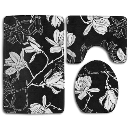 GOHAO Flowers in Black 3 Piece Bathroom Rugs Set Bath Rug Contour Mat and Toilet Lid Cover