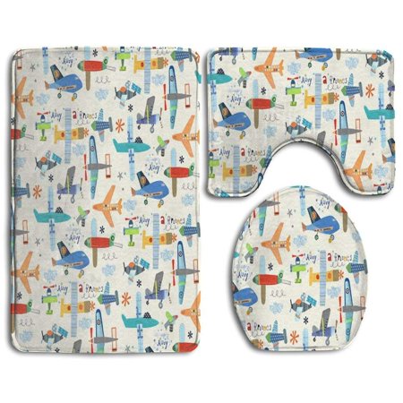 GOHAO Flying Airplane Patterns 3 Piece Bathroom Rugs Set Bath Rug Contour Mat and Toilet Lid Cover