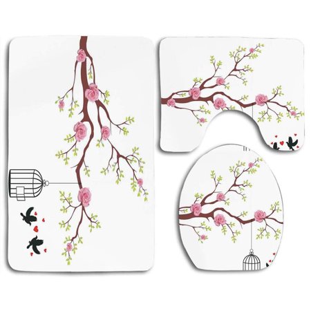 GOHAO Flying Birds Blossomed Roses Flying Love Birds Hearts Cage Couple 3 Piece Bathroom Rugs Set Bath Rug Contour Mat and Toilet Lid Cover