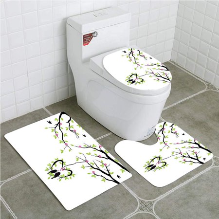 GOHAO Flying Birds Love Birds in Heart Shaped Floral Branch Romance in Spring Kiss 3 Piece Bathroom Rugs Set Bath Rug Contour Mat and Toilet Lid Cover