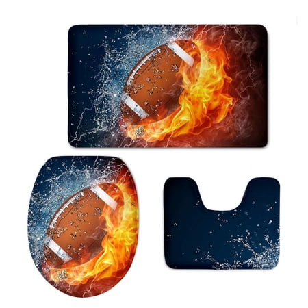 GOHAO Football Printing 3 Piece Bathroom Rugs Set Bath Rug Contour Mat and Toilet Lid Cover