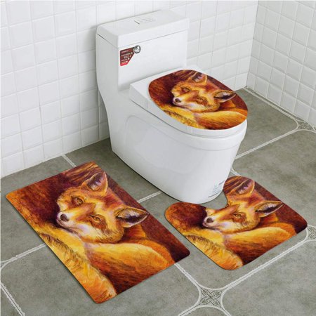 GOHAO Fox Monochromatic Fox Resting Painting Style Display Vibrant Art Decorative 3 Piece Bathroom Rugs Set Bath Rug Contour Mat and Toilet Lid Cover