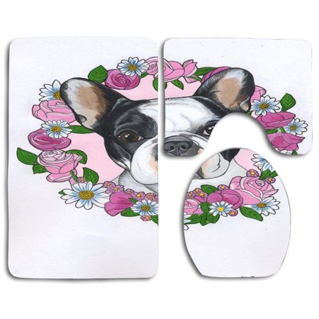 GOHAO French Bulldog Roses Flowers 3 Piece Bathroom Rugs Set Bath Rug Contour Mat and Toilet Lid Cover
