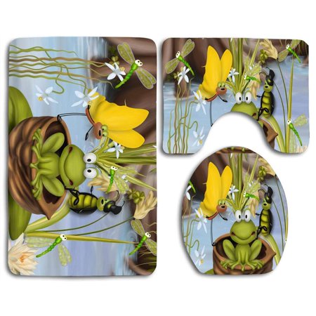 GOHAO Frog Bug in Pond 3 Piece Bathroom Rugs Set Bath Rug Contour Mat and Toilet Lid Cover