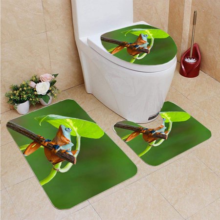 GOHAO Frog a Branch Under Umbrella Leaf Photography 3 Piece Bathroom Rugs Set Bath Rug Contour Mat and Toilet Lid Cover