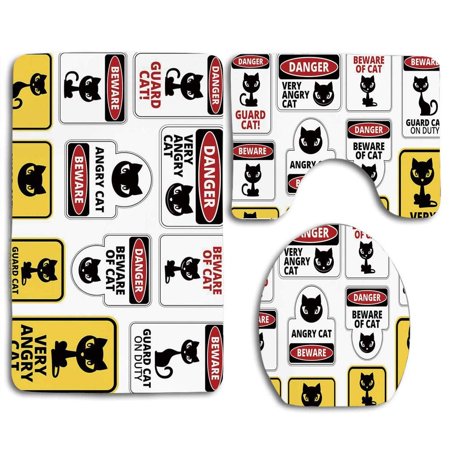 GOHAO Funny Beware Guard Cat Signs Humorous Comic Labels and Plates Warning Graphic 3 Piece Bathroom Rugs Set Bath Rug Contour Mat and Toilet Lid Cover