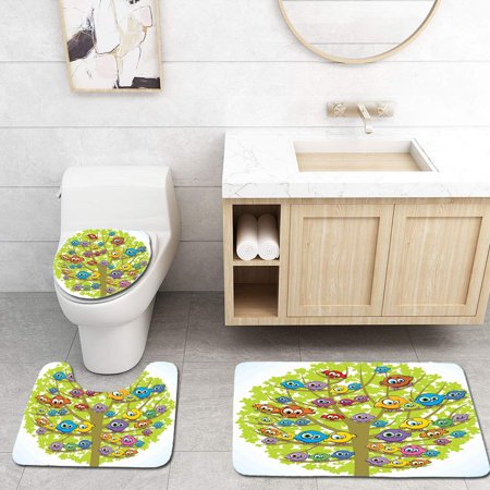 GOHAO Funny Cartoon Group Fun Colorful Canary Bird Family on Oak Branches 3 Piece Bathroom Rugs Set Bath Rug Contour Mat and Toilet Lid Cover