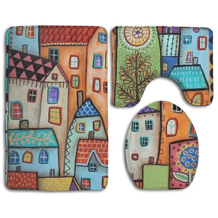 GOHAO Funny Cartoon House 3 Piece Bathroom Rugs Set Bath Rug Contour Mat and Toilet Lid Cover