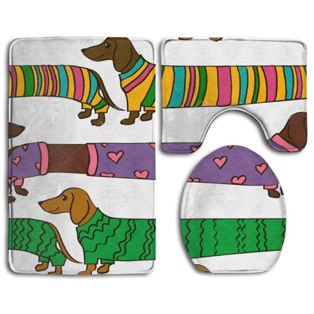 GOHAO Funny Cartoon Long Dachshund Dogs 3 Piece Bathroom Rugs Set Bath Rug Contour Mat and Toilet Lid Cover