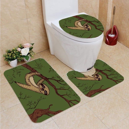 GOHAO Funny Cute Smiling Three Toed Sloth Wink Branch Beige Color Sketch Drawing by ha 3 Piece Bathroom Rugs Set Bath Rug Contour Mat and Toilet Lid Cover