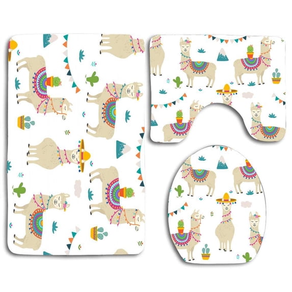 GOHAO Funny Flowers Llama Seamless Pattern6 3 Piece Bathroom Rugs Set Bath Rug Contour Mat and Toilet Lid Cover