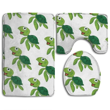 GOHAO Funny Green Turtle 3 Piece Bathroom Rugs Set Bath Rug Contour Mat and Toilet Lid Cover