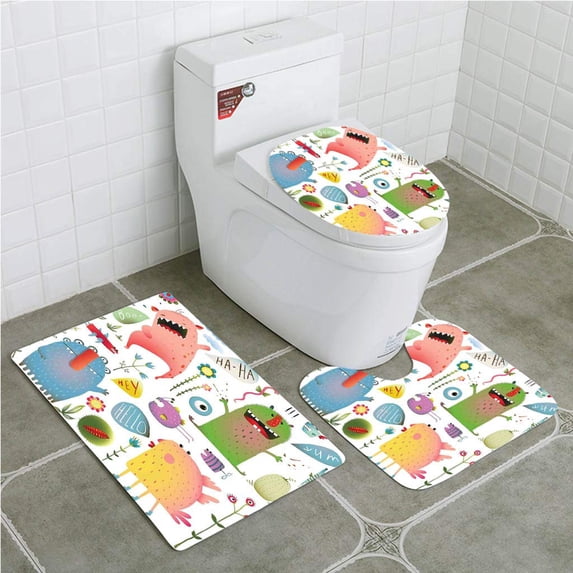 GOHAO Funny Imaginary Creatures Fun Colorful Laughing Childish Monsters Flowers 3 Piece Bathroom Rugs Set Bath Rug Contour Mat and Toilet Lid Cover