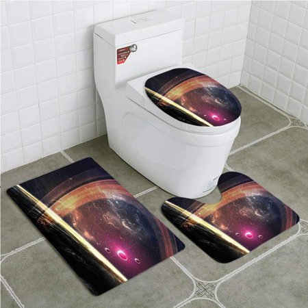 GOHAO Galaxy Deep Space Planets over Nebula Dust Stars and Halo Ring Science Fiction Art 3 Piece Bathroom Rugs Set Bath Rug Contour Mat and Toilet Lid Cover