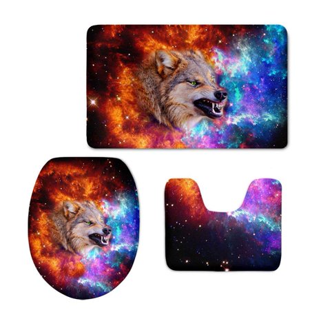 GOHAO Galaxy Wolf 3 Piece Bathroom Rugs Set Bath Rug Contour Mat and Toilet Lid Cover