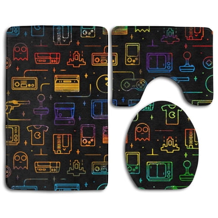 GOHAO Game Video Gaming Black 3 Piece Bathroom Rugs Set Bath Rug Contour Mat and Toilet Lid Cover