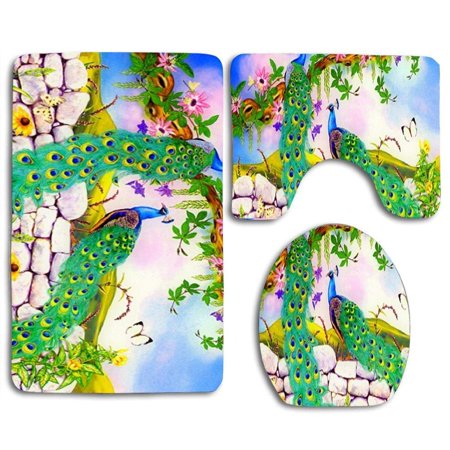GOHAO Garden Beautiful Peacocks Butterflies 3 Piece Bathroom Rugs Set Bath Rug Contour Mat and Toilet Lid Cover