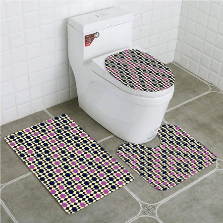 GOHAO Geometric Vivid Colored Diamond Effect Tiles Symmetric Rococo Style 3 Piece Bathroom Rugs Set Bath Rug Contour Mat and Toilet Lid Cover