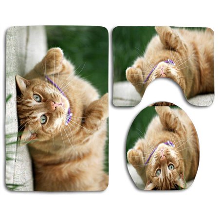 GOHAO Ginger Cat Green Eyes 3 Piece Bathroom Rugs Set Bath Rug Contour Mat and Toilet Lid Cover