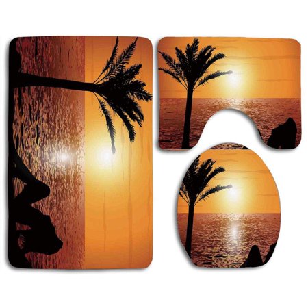 GOHAO Girls Silhouette Lady Palm Tree on Tropical Beach at Sunset Horizon Scenery 3 Piece Bathroom Rugs Set Bath Rug Contour Mat and Toilet Lid Cover