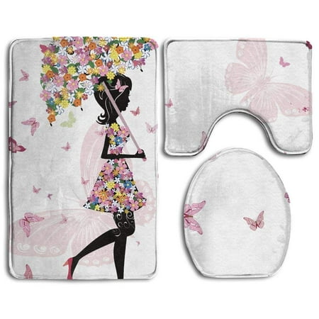 GOHAO Girly Girl Floral Dress Walking Butterflies 3 Piece Bathroom Rugs Set Bath Rug Contour Mat and Toilet Lid Cover