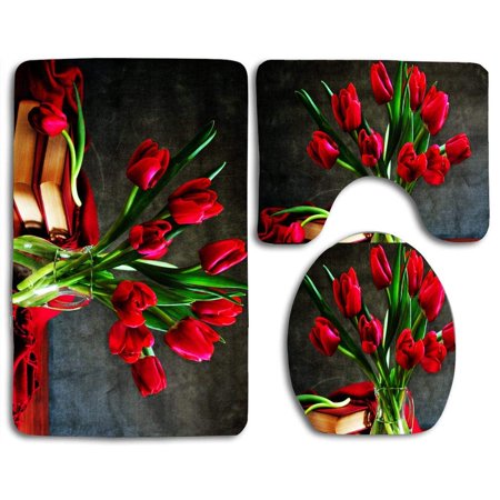 GOHAO Glass Vase Flowers 3 Piece Bathroom Rugs Set Bath Rug Contour Mat and Toilet Lid Cover