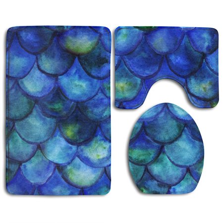 GOHAO Glitter Fish Scales 3 Piece Bathroom Rugs Set Bath Rug Contour Mat and Toilet Lid Cover