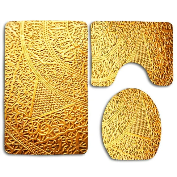 GOHAO Gold Ligature 3 Piece Bathroom Rugs Set Bath Rug Contour Mat and Toilet Lid Cover