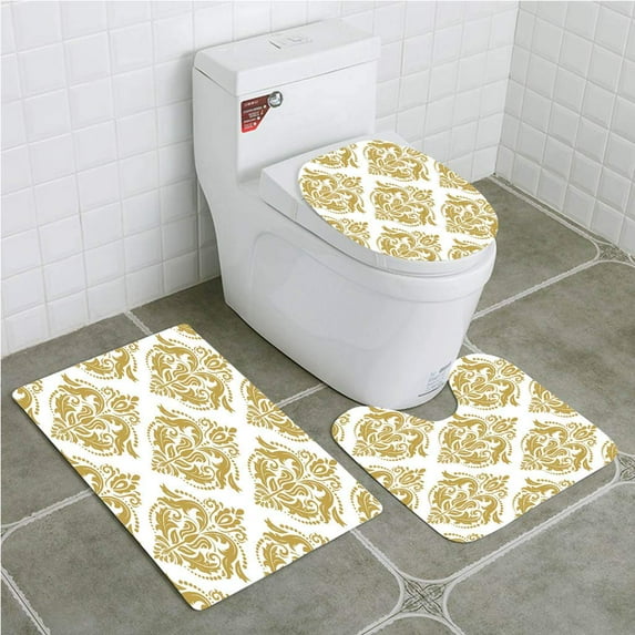 GOHAO Gold and White Baroque Victorian Ancient Floral Swirls Dots for Classic 3 Piece Bathroom Rugs Set Bath Rug Contour Mat and Toilet Lid Cover