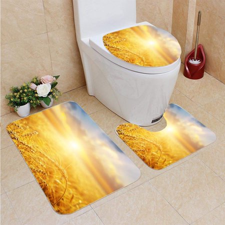 GOHAO Golden Wheat Field Sunset 3 Piece Bathroom Rugs Set Bath Rug Contour Mat and Toilet Lid Cover