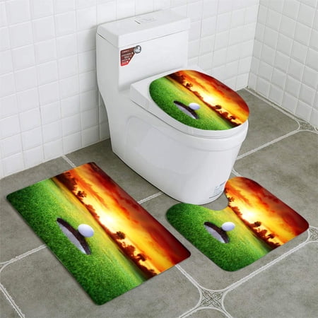 GOHAO Golf Ball in Hole Golfing 3 Piece Bathroom Rugs Set Bath Rug Contour Mat and Toilet Lid Cover