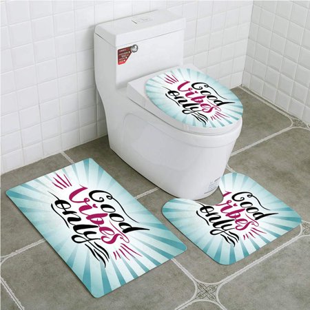 GOHAO Good Vibes Retro Radial Composition Abstract Sunburst Hand Lettering Typography 3 Piece Bathroom Rugs Set Bath Rug Contour Mat and Toilet Lid Cover