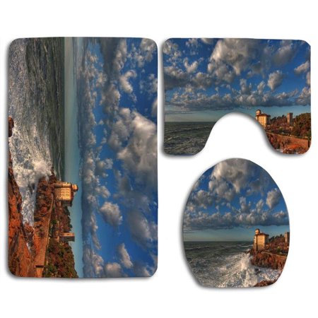 GOHAO Gorgeous Castle Coast Clouds Waves 3 Piece Bathroom Rugs Set Bath Rug Contour Mat and Toilet Lid Cover