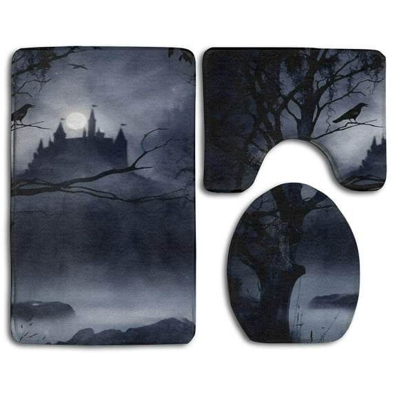 GOHAO Gothic Dark Night Scary Castle Crow Halloween 3 Piece Bathroom Rugs Set Bath Rug Contour Mat and Toilet Lid Cover