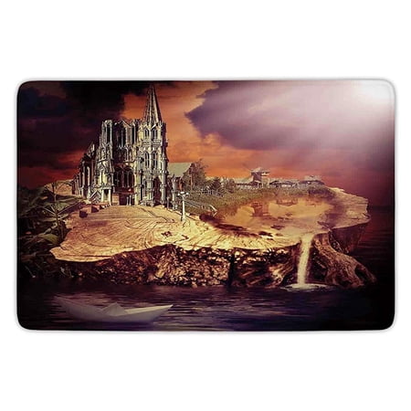 GOHAO Gothic DecorFantasy Castle and Village on Stump in Water Scary Sunset Medieval Fiction Purple Cream 3 Piece Bathroom Rugs Set Bath Rug Contour Mat and Toilet Lid Cover